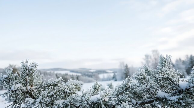 Snowy Pine Branches with frost on winter landscape background for holiday web hero and Christmas presentation