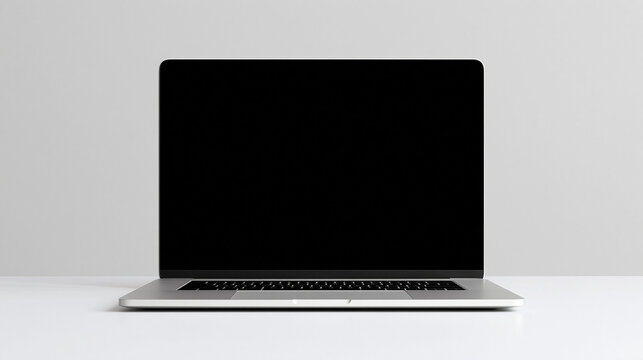 Modern silver laptop with blank black screen on a minimalist desk, technology workspace, digital business, remote work, presentation mockup, computer concept, clean background,