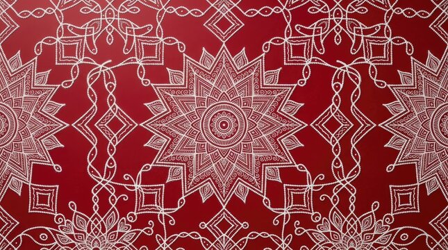 Diwali red rangoli pattern with intricate white floral designs on dark background home decor interior design festival decor cultural art traditional art floor art