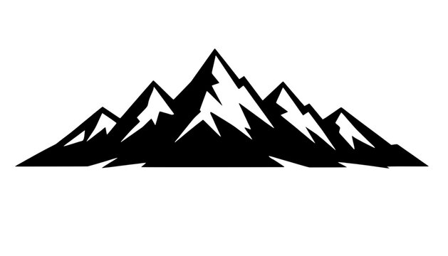 Mountain range with sharp peaks. Outline vector, minimalist black lines. Simple contour illustration. Outdoor themes, logos and nature designs, transparent background.