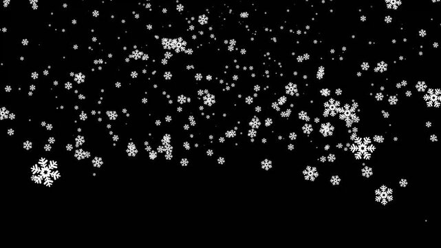Gentle winter snowfall motion graphics, cold season overlay effect, festive christmas party celebration overlay, magical frozen frost snow particle on black background.4k loop animation