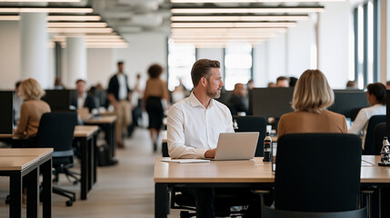 Fototapeta premium Photorealistic open-plan office filled with professionals working at desks and blurred employees moving through the background, workplace productivity, corporate business,