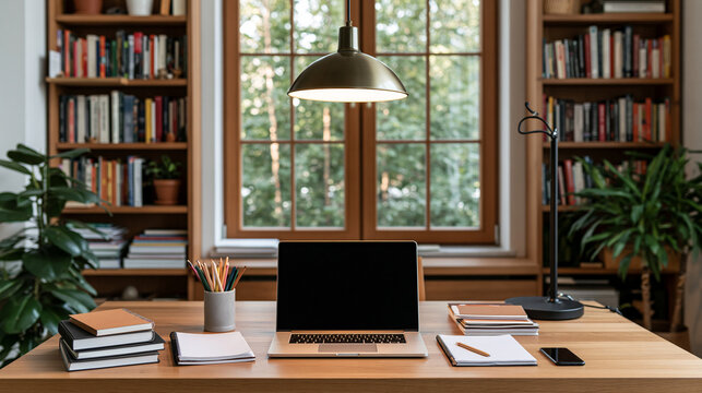 Student home learning setup with laptop, notebook, stationery, smartphone and desk lamp, remote education, online learning, study productivity, organized workspace, home office,