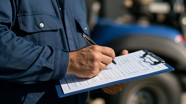Close-up of hand completing a workplace inspection checklist on a clipboard, office management, facility inspection, task planning, quality control, administrative workflow,