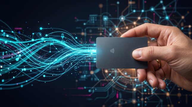 Hand holding contactless card with digital data streams
