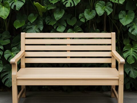 Empty wooden garden bench with slatted back and armrests on transparent background