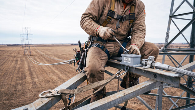 Lineworker Bolting a Monitoring Sensor to a Conductor on a Lattice Transmission Tower, Harness and Arc Rated Clothing at Height, Smart Grid Modernisation and Digitalisation