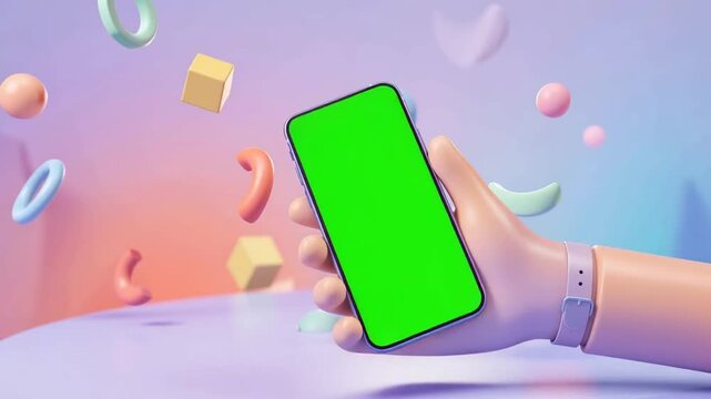 Hand holding smartphone with green screen. 3D cartoon style illustration floating geometric shapes. Concept of digital technology, mobile cell phone application, virtual cellphone communication.
