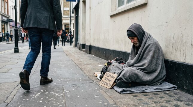 Homeless person sitting on sidewalk with cardboard sign seeking help in urban environment