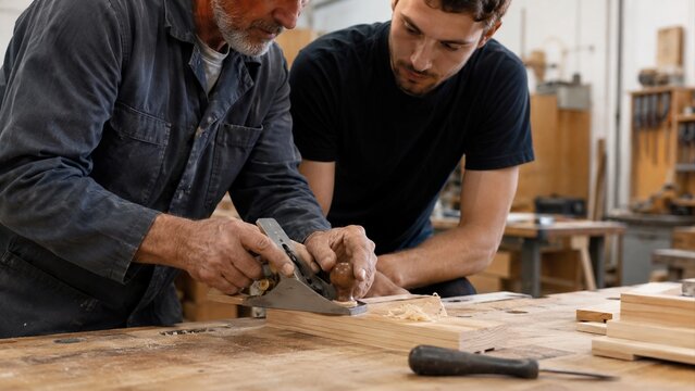 Experienced carpenter teaches young apprentice to plane timber in a woodworking workshop