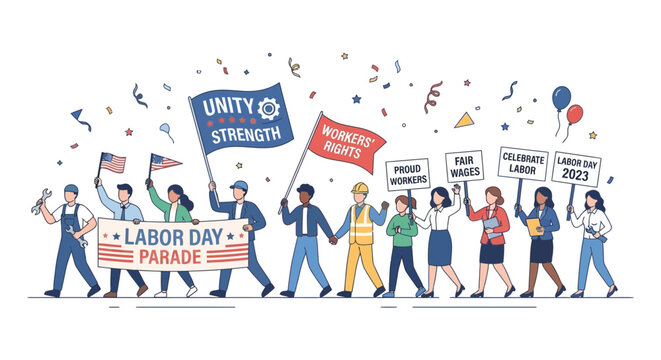 A labor day parade illustration depicts diverse people with protest signs and flags