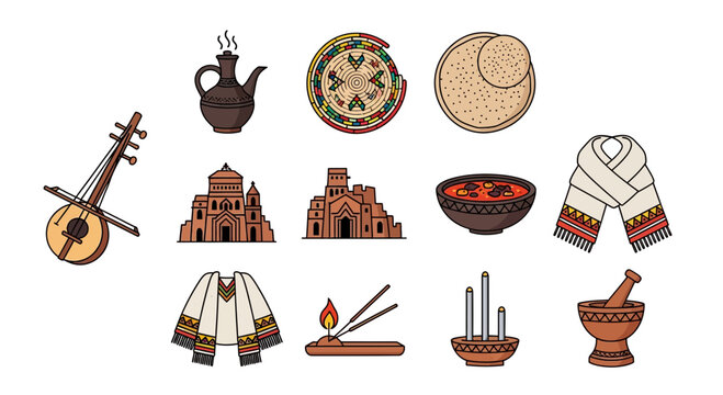 Set of Ethiopian Culture and Traditional Heritage Icons.