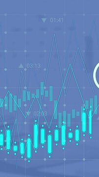 Vertical video: timecode tick causing teal candle chart sliding icons popping showing sector trends