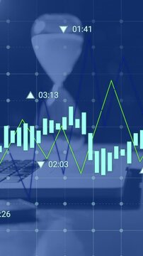 Vertical video: Hourglass pouring sand and driving stock charts shifting and showing time