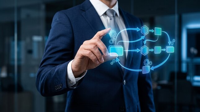 Businessman interacting with a digital flowchart process diagram on a virtual screen.