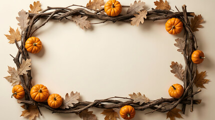Fototapeta premium Autumnal halloween wreath with miniature pumpkins and oak leaves on a neutral beige background