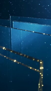 Vertical video: Moving camera causing glass panes sliding in teal set showing gold trim and motes