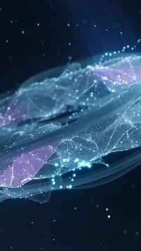 Vertical video: Reacting to light pulse, ribbons shaping torus in cosmic space, sending cyan sparks