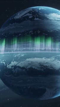 Vertical video: Turning blue-green planet with green pillars rising forming lit equator ring stars