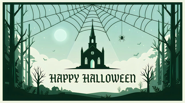 Spooky halloween illustration featuring haunted church silhouette under spider web.