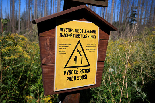Do not enter the forest outside the marked hiking trails. High risk of falling trees. Warning sign, signboard and notice in Czech, English and Polish language. Danger in the nature. Shallow focus.