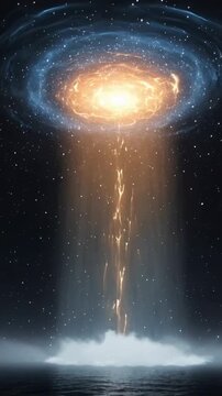 Vertical video: Descending beam sparking energy disk over sea at night, flowing particles and mist