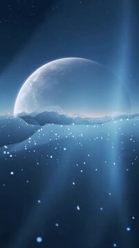 Vertical video: Drifting camera showing center moon over wave field to reveal glow and light beams