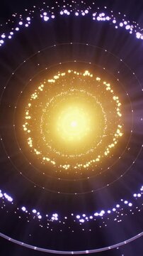 Vertical video: Glowing gold core pulsing sending dot rings in purple void forming radial rays