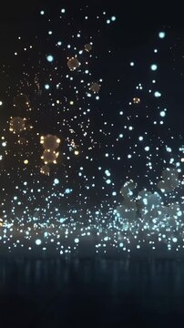 Vertical video: Pulling back camera revealing amber cyan columns rising, scattering sparks on tiles