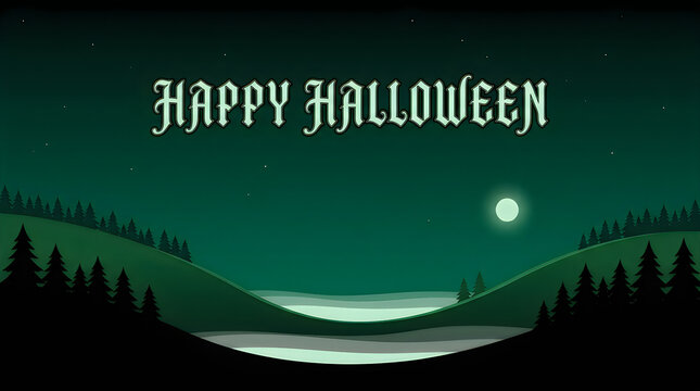 Halloween night greeting card with full moon and spooky forest silhouette.