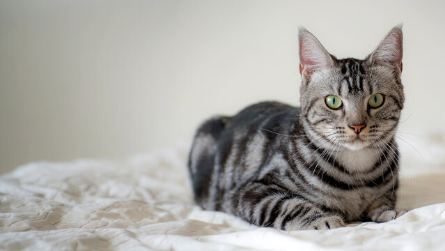 American Short Hair cat laying on white bed