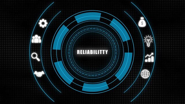 Blue and white circular infographic with reliability concept and on dark background reliability infographic