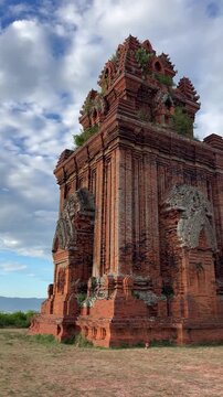 Vertical panning shot from ancient Banh It Cham Kalan tower past Saddle tower to Gate tower in Quy Nhon Vietnam