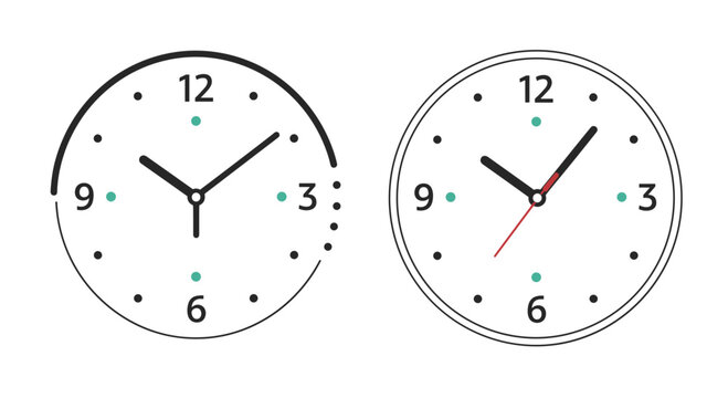 Minimalist modern wall clock face designs showing 10:10 with simple hour markings and colored second hand accents.