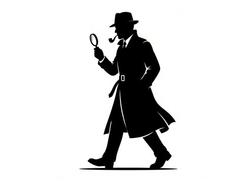 Detective silhouette walking. Old fashioned detective in hat on white background. Vector style silhouette.	