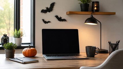 Fototapeta premium Cozy Halloween home office workspace with laptop, pumpkin, bats and warm lamp decor