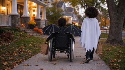 Obraz premium Children in bat and ghost costumes trick or treating together in neighborhood on Halloween
