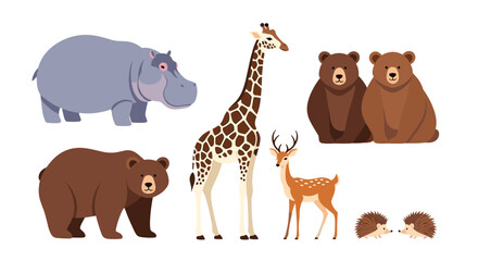 Obraz premium Collection of cute wild animals including a hippopotamus, giraffe, bears, deer, and hedgehogs in cartoon style.