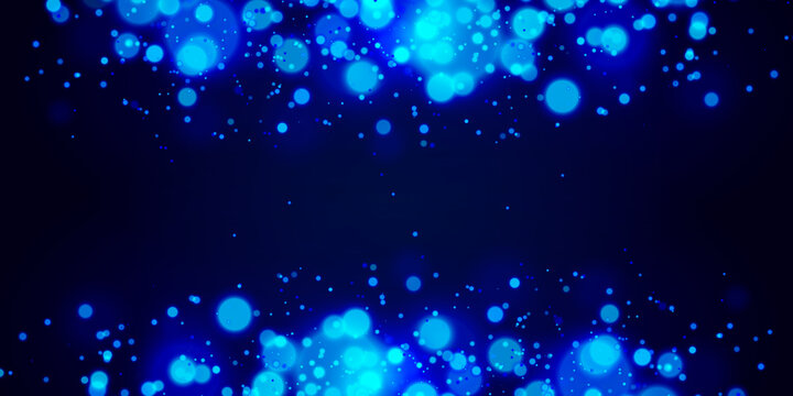 Blue bokeh particles glowing abstract background with sparkling glitter, soft light, magical shimmer, dreamy motion blur and ethereal festive night atmosphere on black isolated