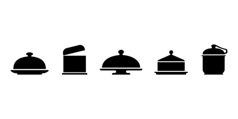 Fototapeta premium Set of five black silhouette representing various food serving dishes and kitchen storage containers for culinary presentation