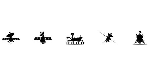 Set of space exploration and satellite technology silhouettes featuring orbiters rovers and landers on a plain white background © Dstudio