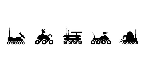 Collection of robotic rover and planetary exploration vehicle silhouettes for space research and scientific missions on white background © Dstudio