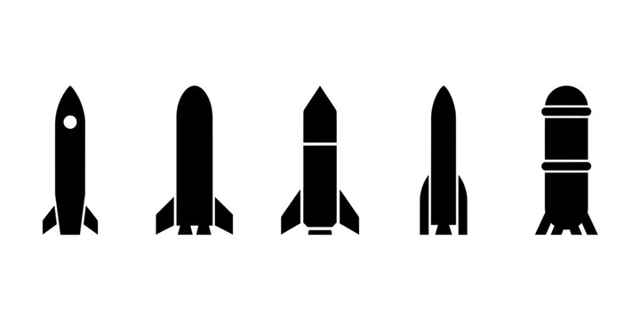 Set of space rocket and launch vehicle silhouettes for aerospace engineering and scientific exploration projects on a white background