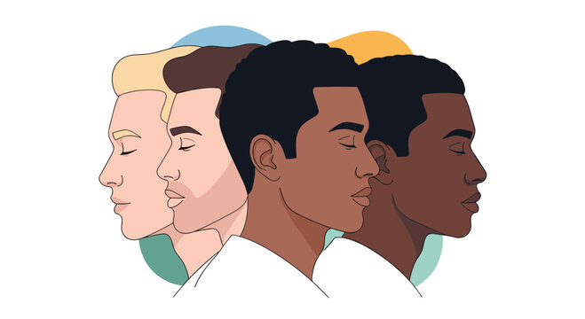 Four diverse men shown in profile with different skin tones and hair colors, representing racial equality and unity.