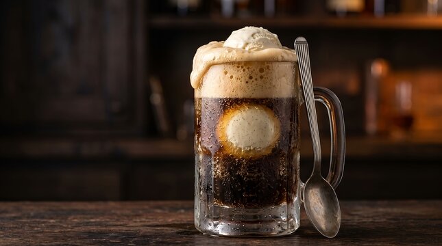 Root beer float with vanilla ice cream in a glass mug