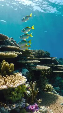 Vertical video: Swimming yellow-tail fish rising from reef, table coral lit by sun rays, copy space