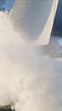 Vertical video: Cutting white yacht hitting rising swell at sea, keeping speed with spray and sails