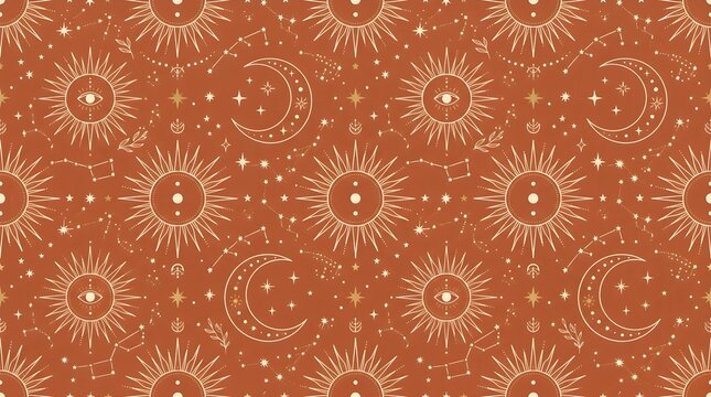 Celestial pattern featuring sun moon and stars in terracotta burnt orange bohemian style for mystical textile art.