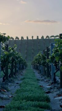 Vertical video: Starting low-angle camera gliding down grassy aisle between vines, revealing ridge