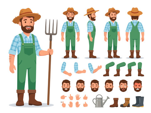 Male farmer character creation kit with different poses facial expressions arms legs accessories